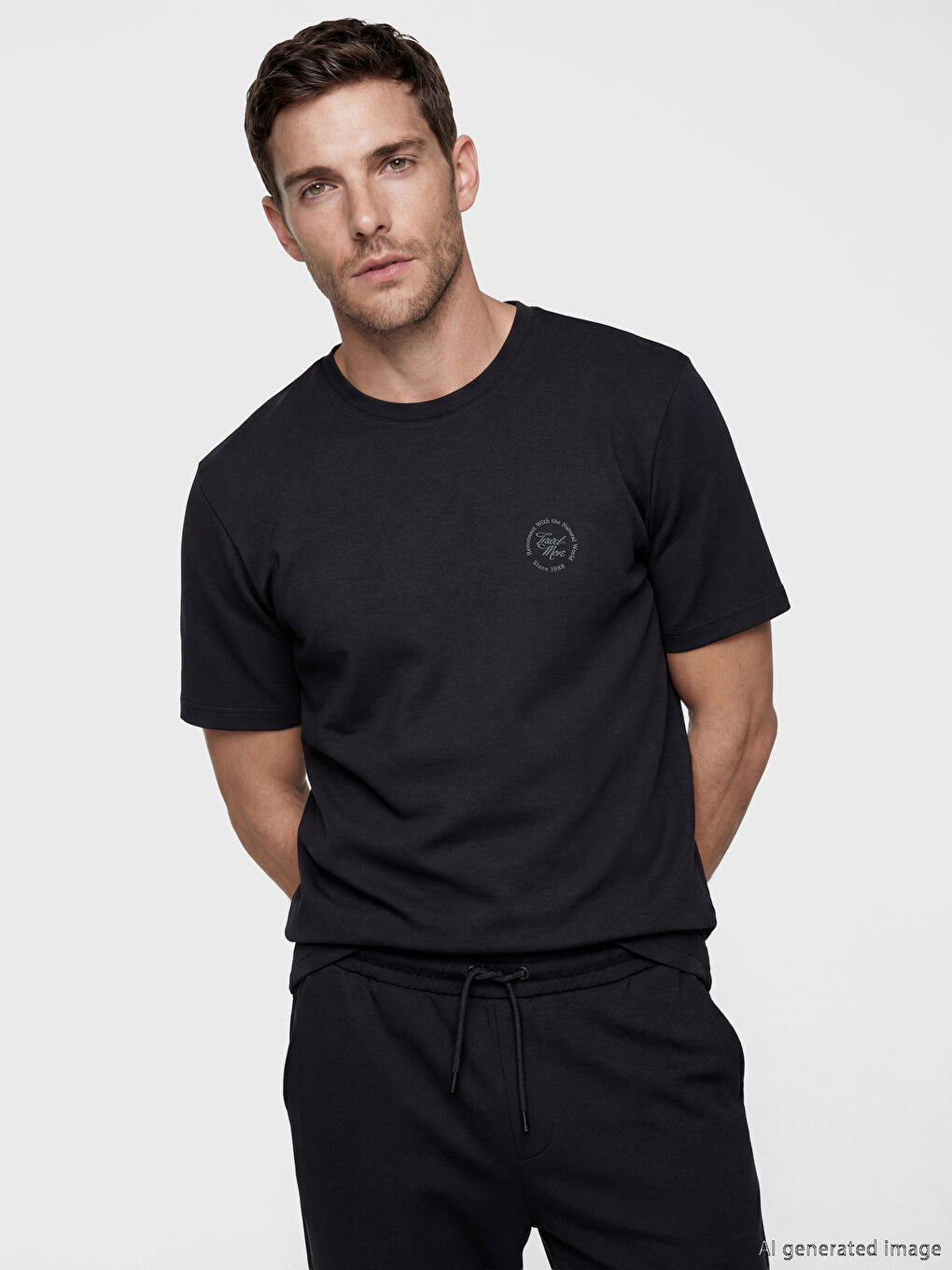 Siyah Bisiklet Yaka Baskılı Erkek Tişört