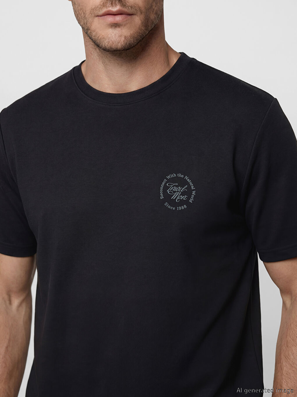 Siyah Bisiklet Yaka Baskılı Erkek Tişört-2