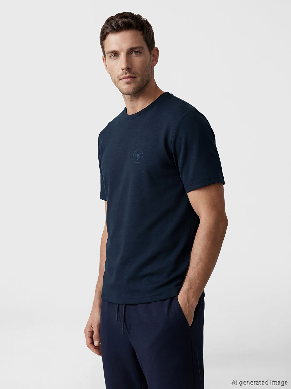 Lacivert Bisiklet Yaka Baskılı Erkek Tişört