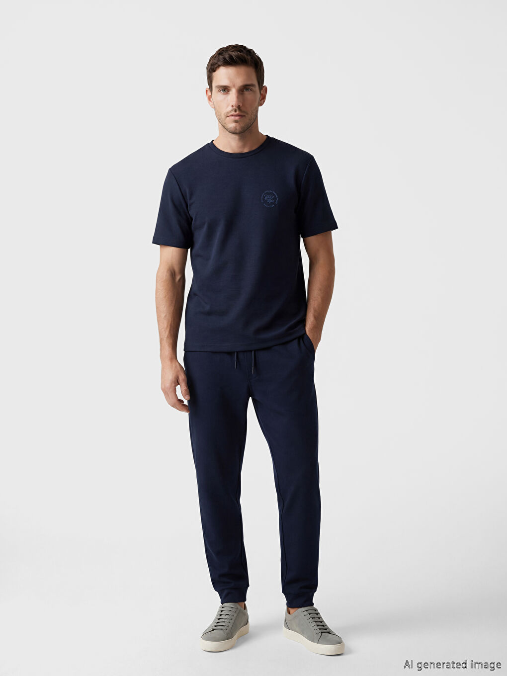 Lacivert Bisiklet Yaka Baskılı Erkek Tişört-1