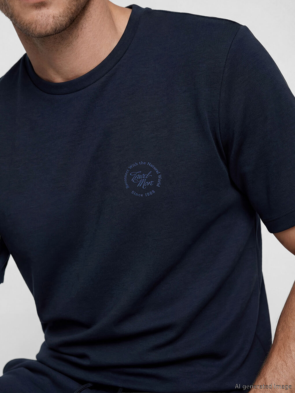 Lacivert Bisiklet Yaka Baskılı Erkek Tişört-2