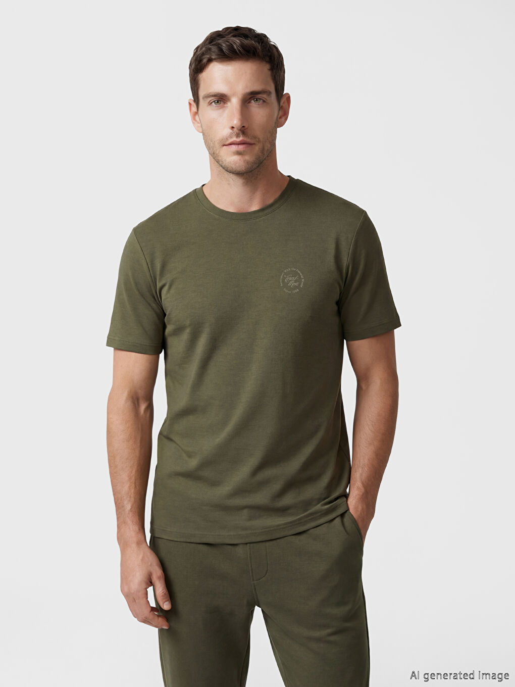 Haki Standart Kalıp Nakışlı Erkek Tişört