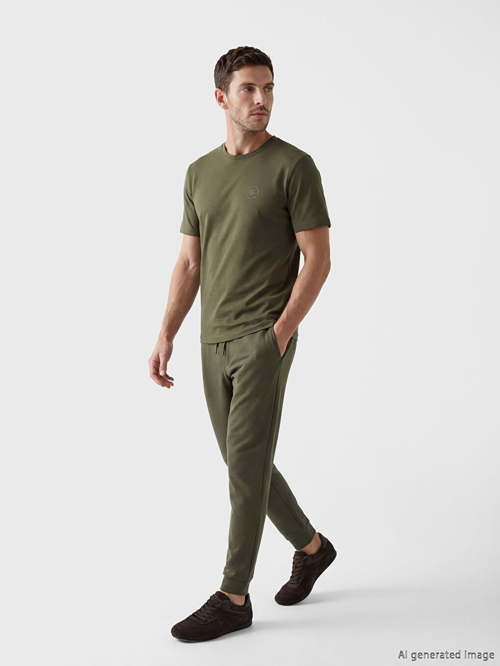 Haki Standart Kalıp Nakışlı Erkek Tişört-1