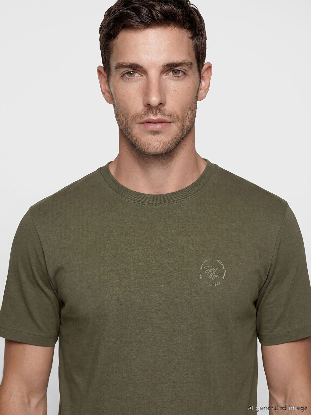 Haki Standart Kalıp Nakışlı Erkek Tişört-2