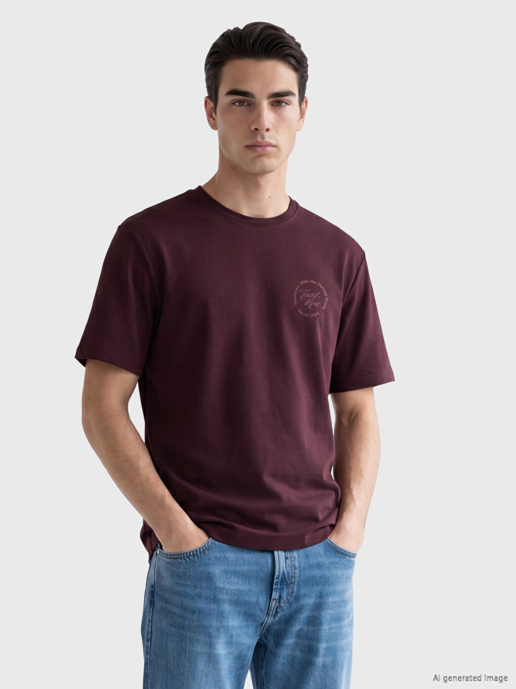 Bordo Bisiklet Yaka Baskılı Erkek Tişört