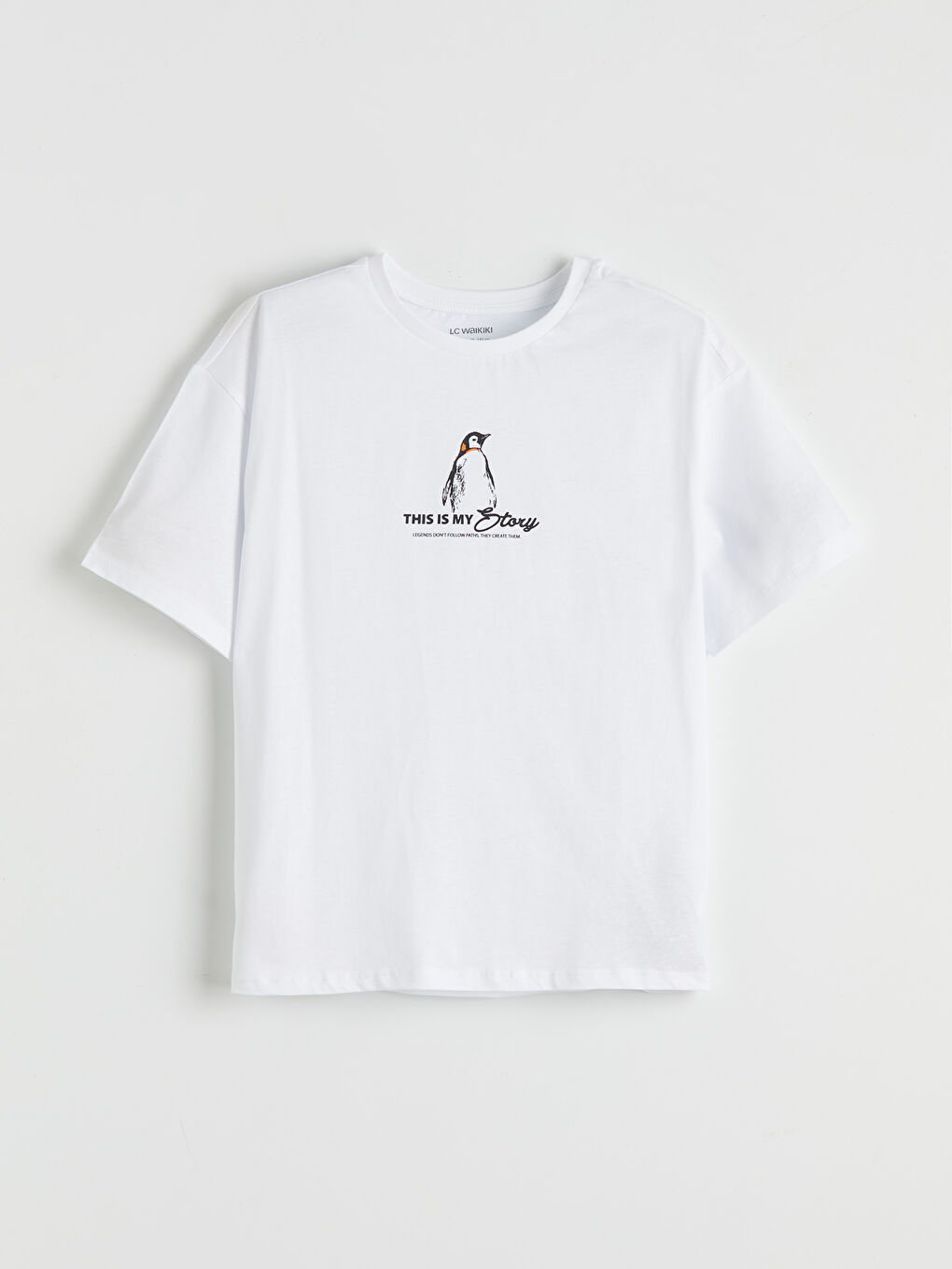 Beyaz Bisiklet Yaka Penguen Baskılı Kız Çocuk Tişört
