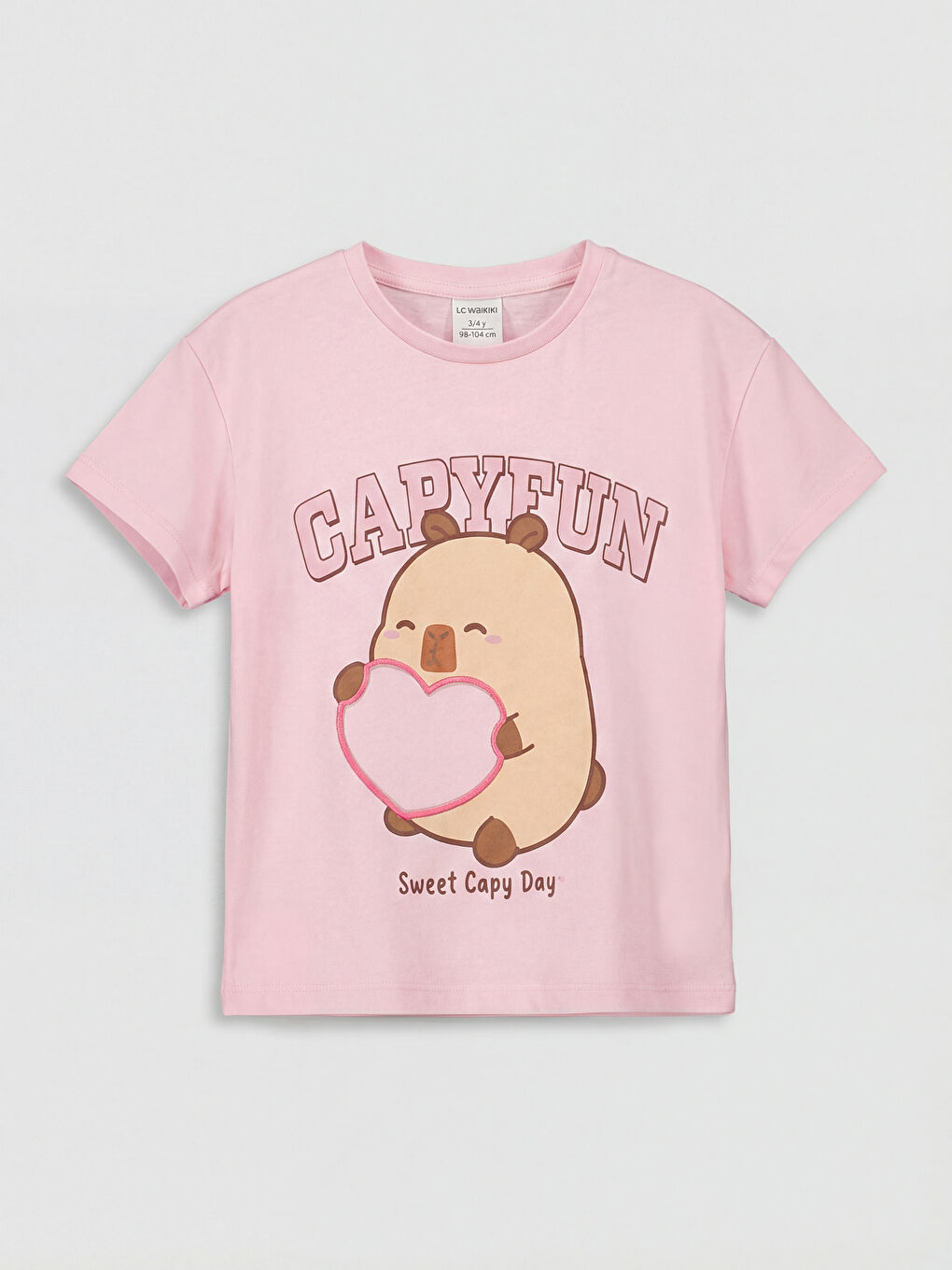 Pembe Bisiklet Yaka Capyfun Baskılı Kız Çocuk Tişört