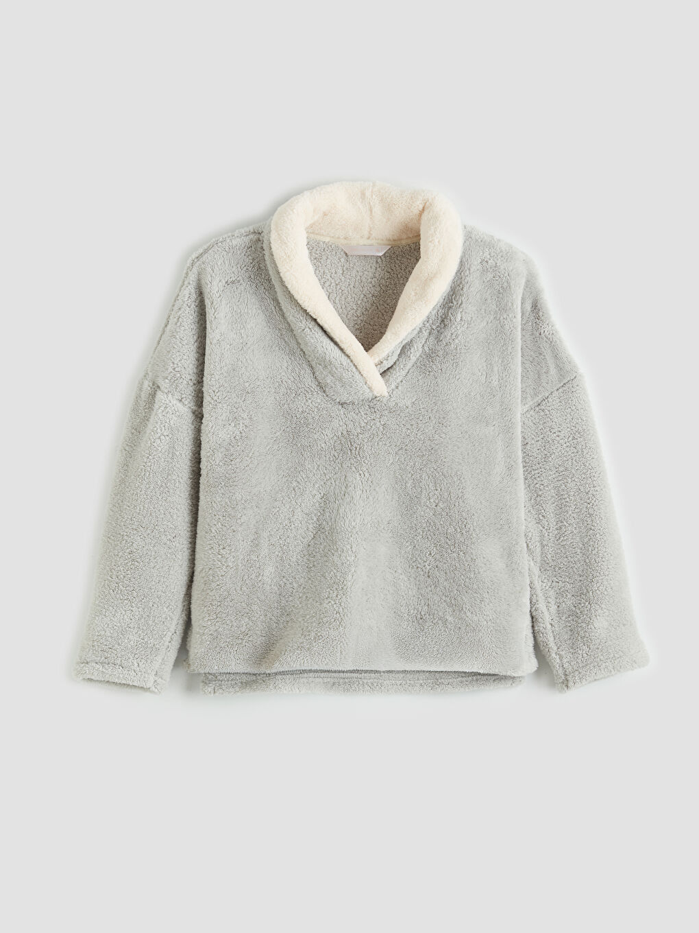 Gri Şal Yaka Kadın Pelüş Pijama Takımı-1