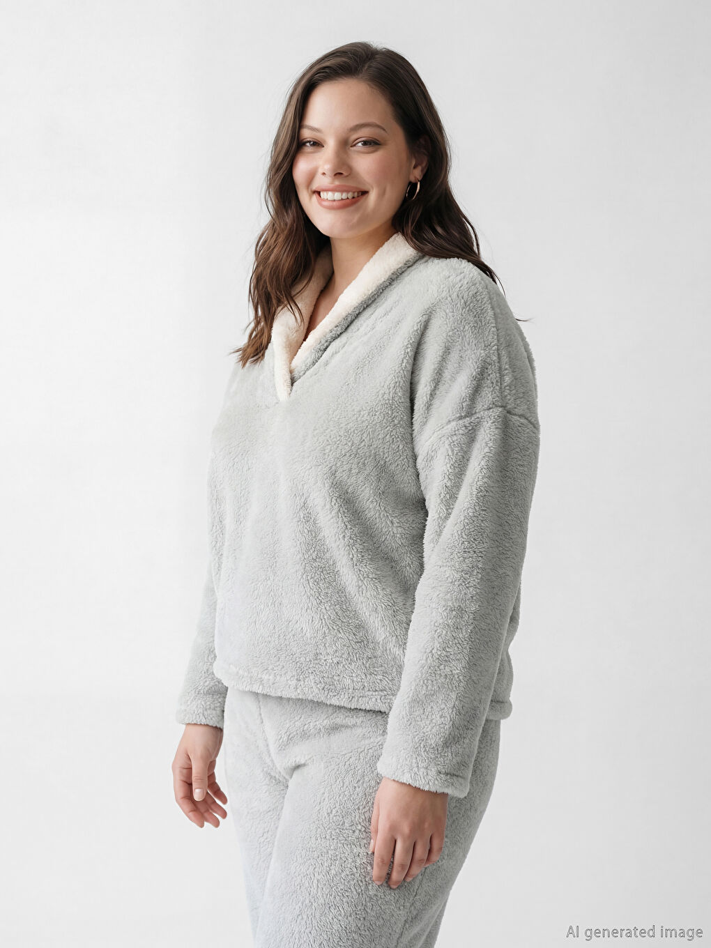 Gri Şal Yaka Kadın Pelüş Pijama Takımı-1