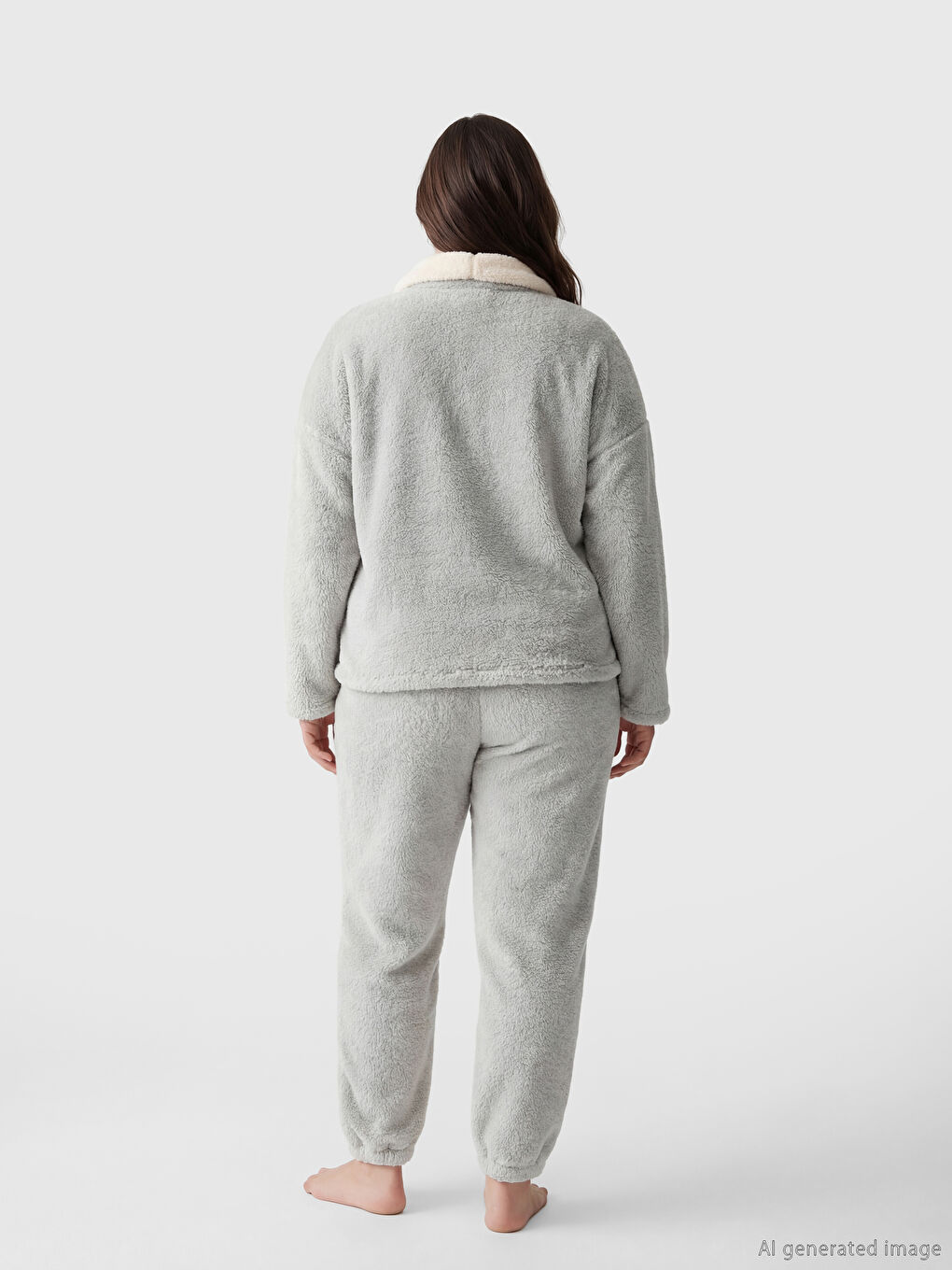 Gri Şal Yaka Kadın Pelüş Pijama Takımı-2