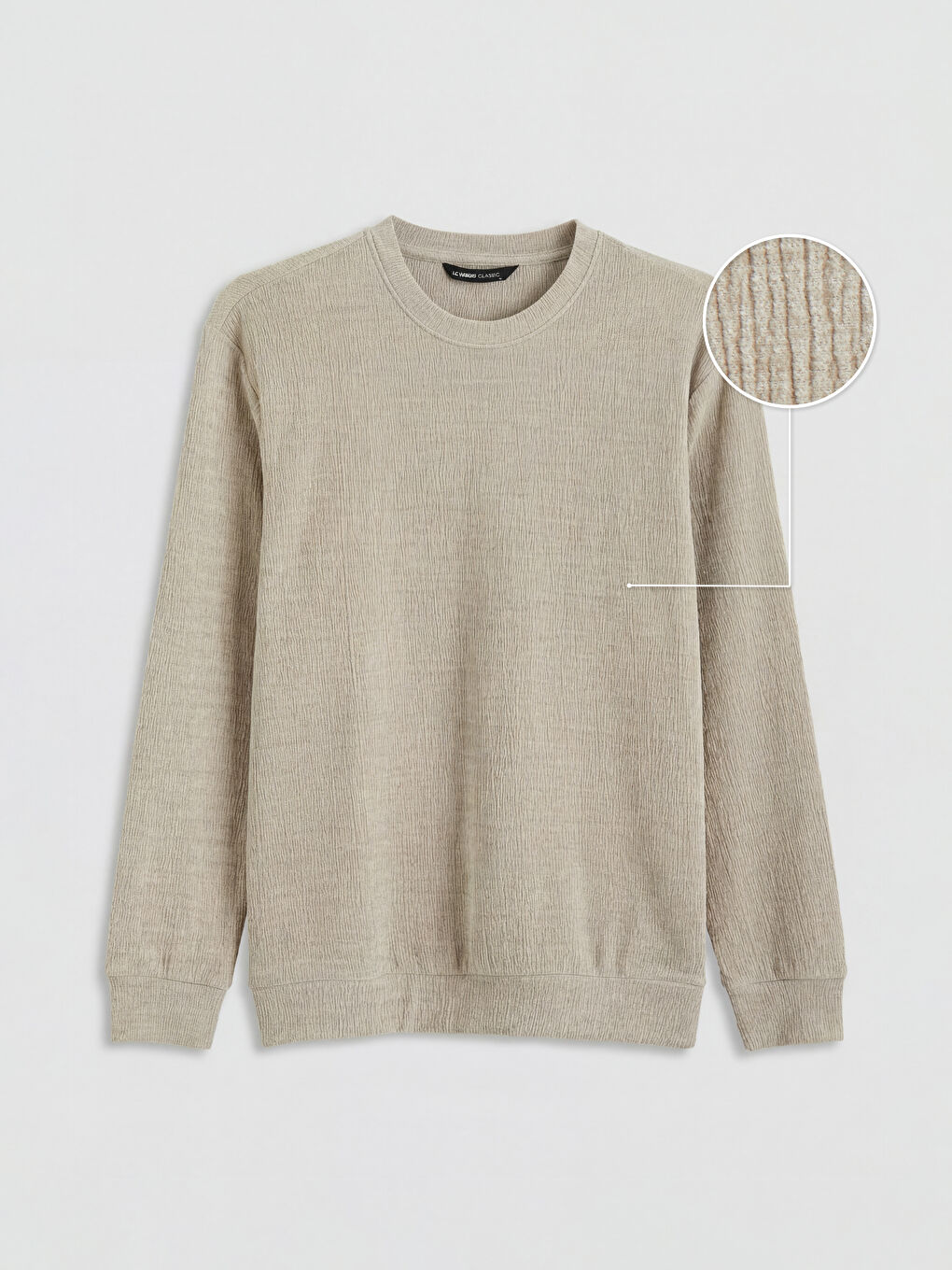 Bej Bisiklet Yaka Dokulu Erkek Sweatshirt-0