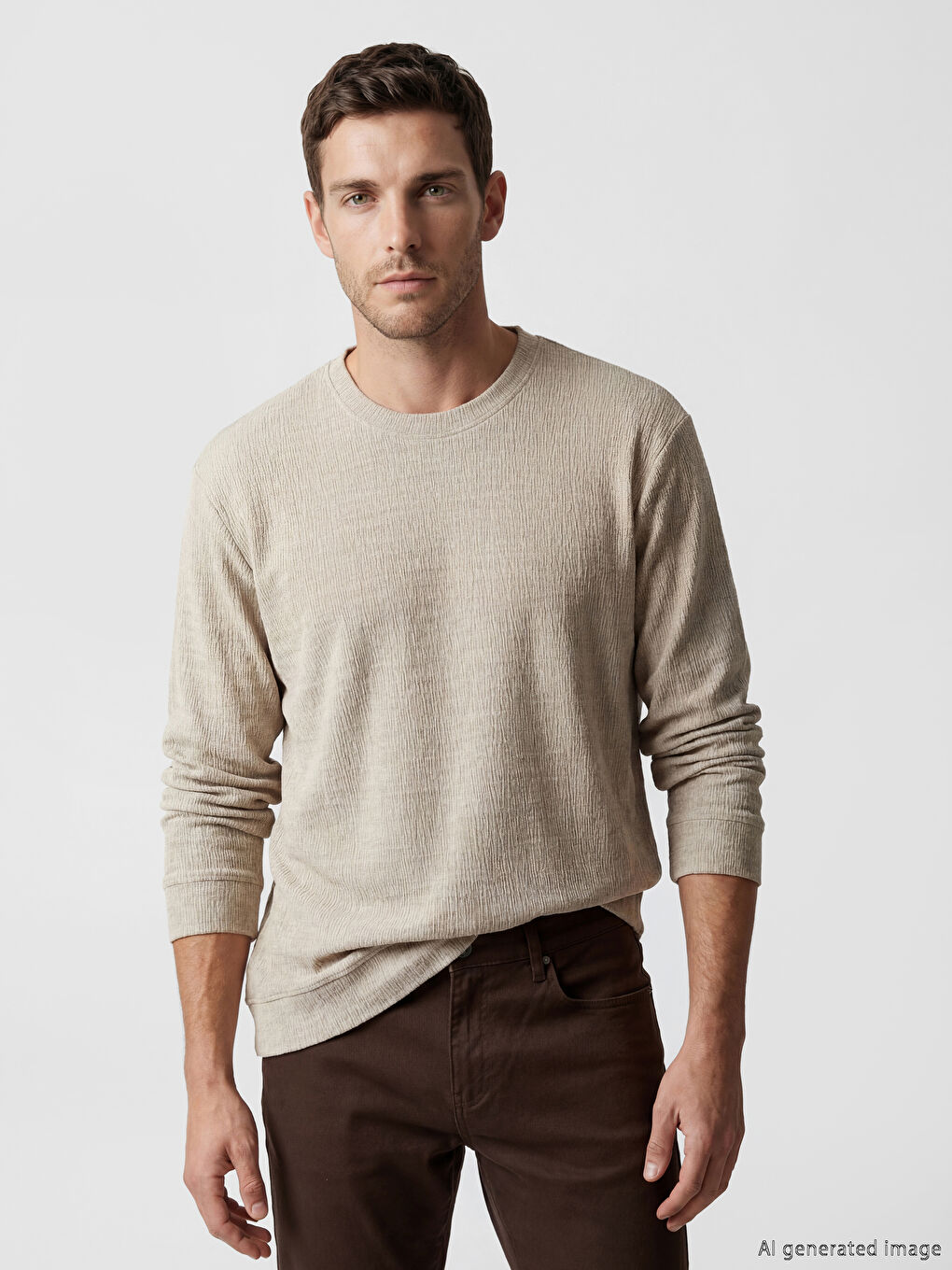 Bej Bisiklet Yaka Dokulu Erkek Sweatshirt