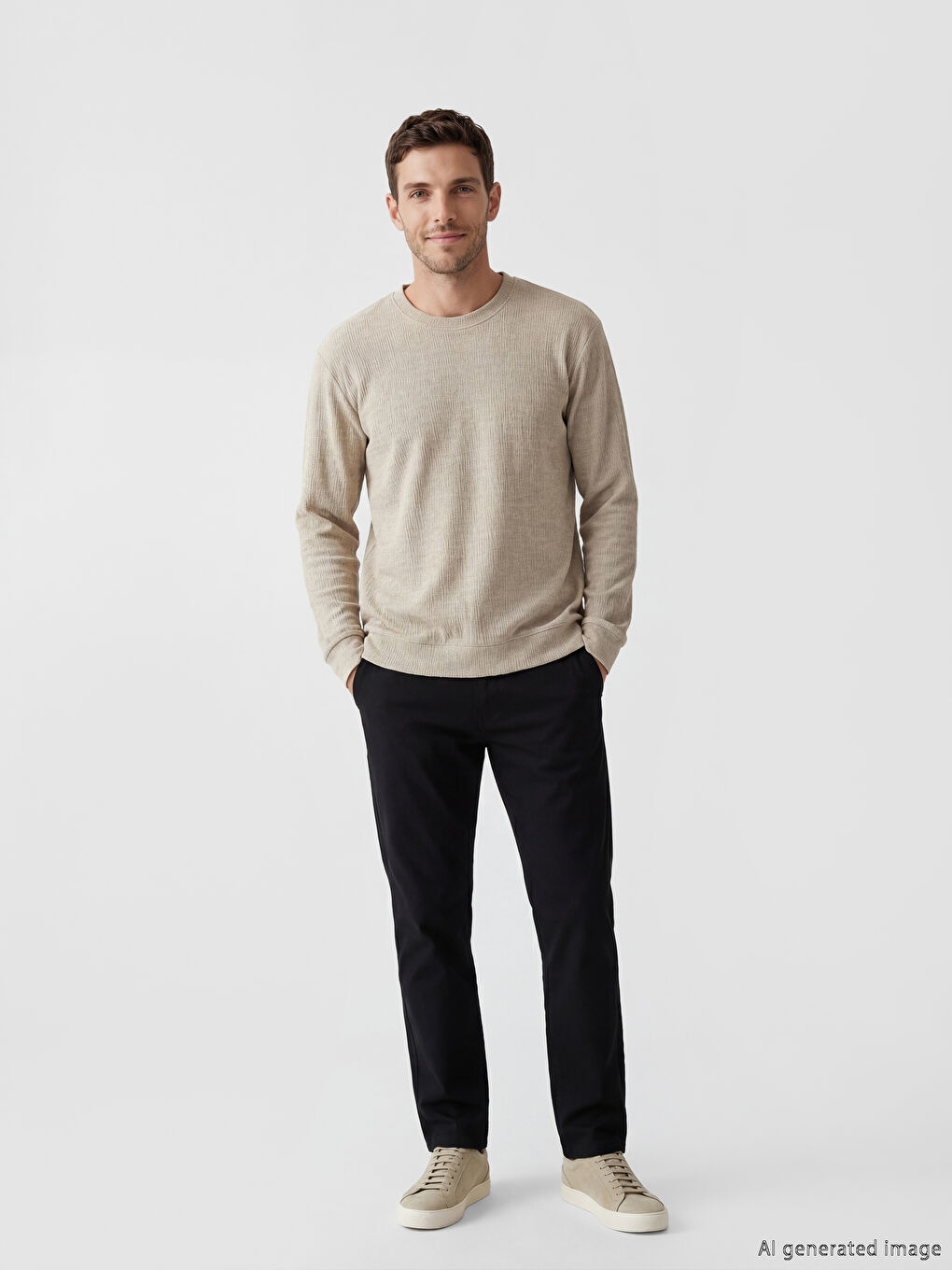 Bej Bisiklet Yaka Dokulu Erkek Sweatshirt-1