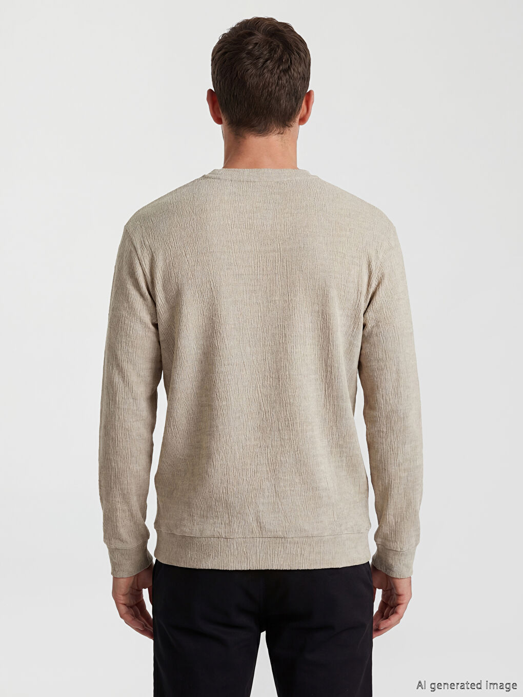 Bej Bisiklet Yaka Dokulu Erkek Sweatshirt-3
