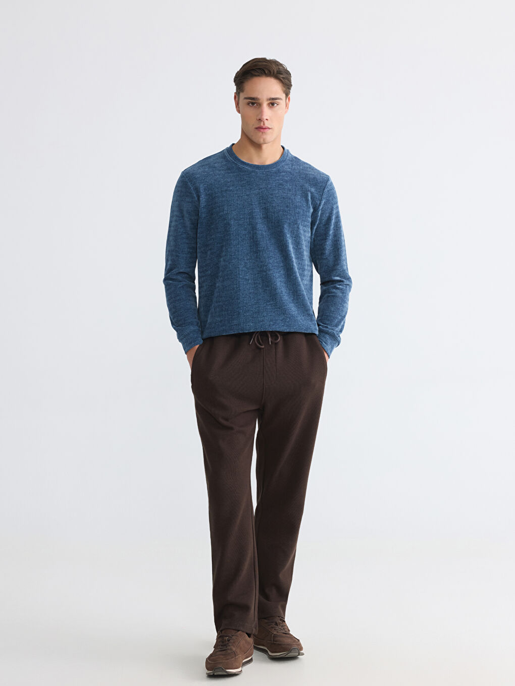 İndigo Bisiklet Yaka Dokulu Erkek Sweatshirt-1