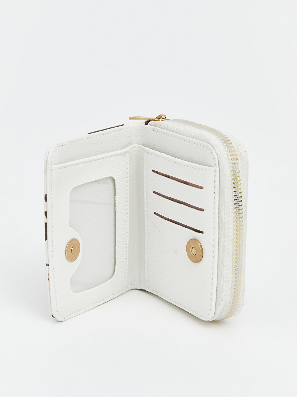 Ekru Fermuarlı Desenli Deri Görünümlü Kadın Cüzdan-2