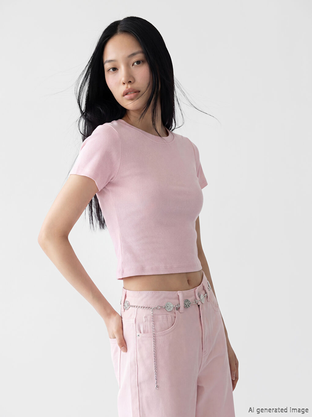 Pembe Bisiklet Yaka Kadın Crop Tişört