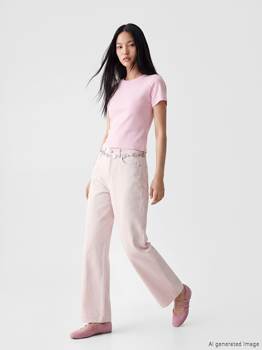 Pembe Bisiklet Yaka Kadın Crop Tişört-1