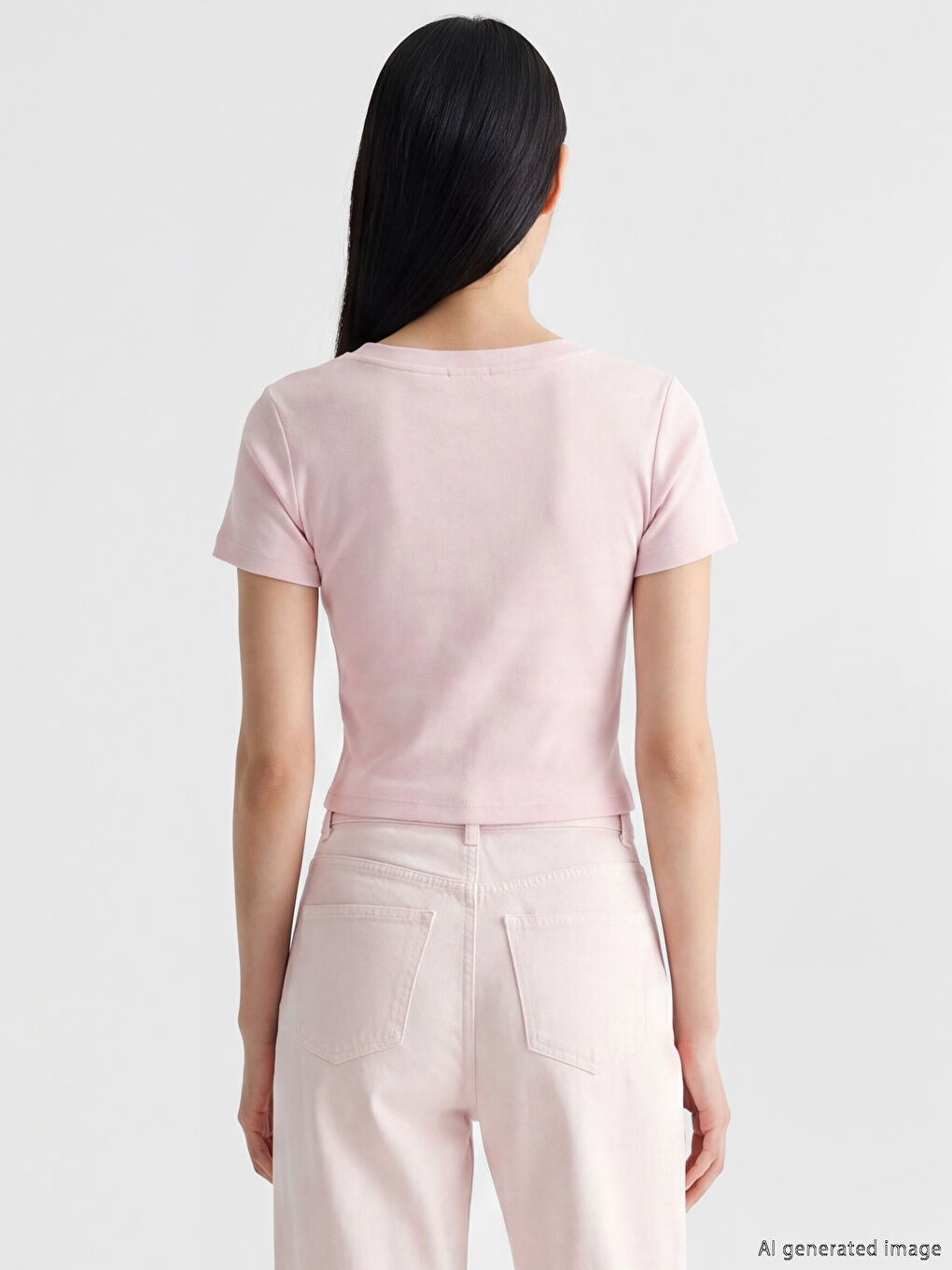 Pembe Bisiklet Yaka Kadın Crop Tişört-3