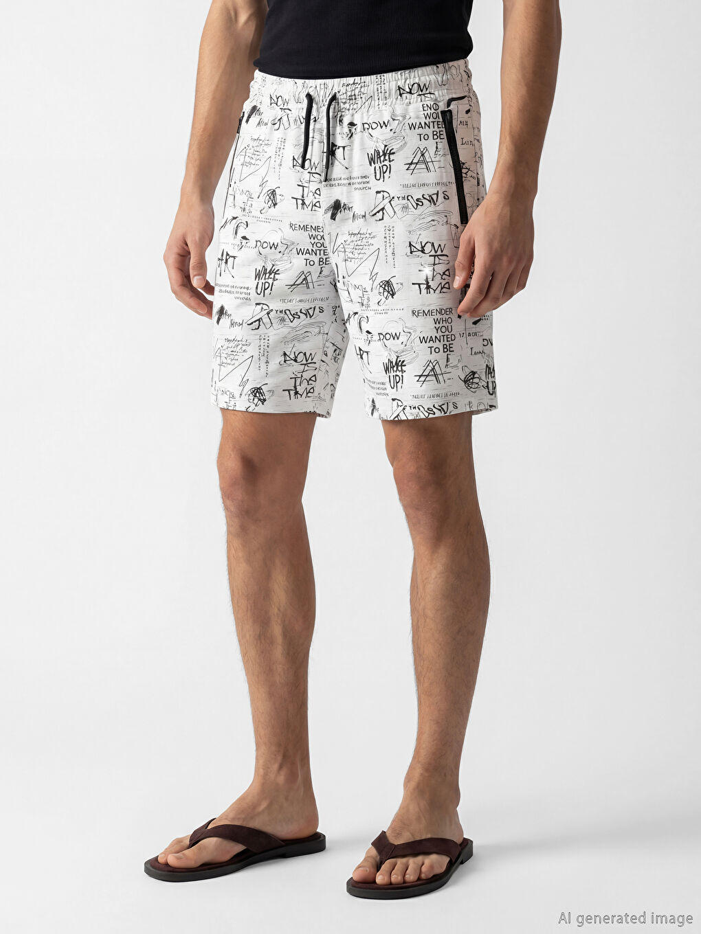 Beyaz Standart Kalıp Baskılı Erkek Şort-1