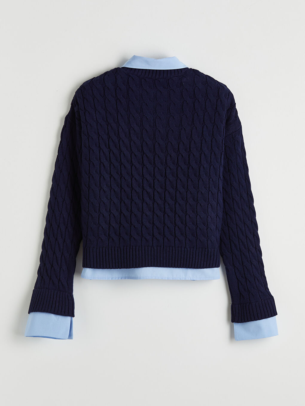 Lacivert Gömlek Yaka Saç Örgü Desenli Kadın Triko Kazak-1