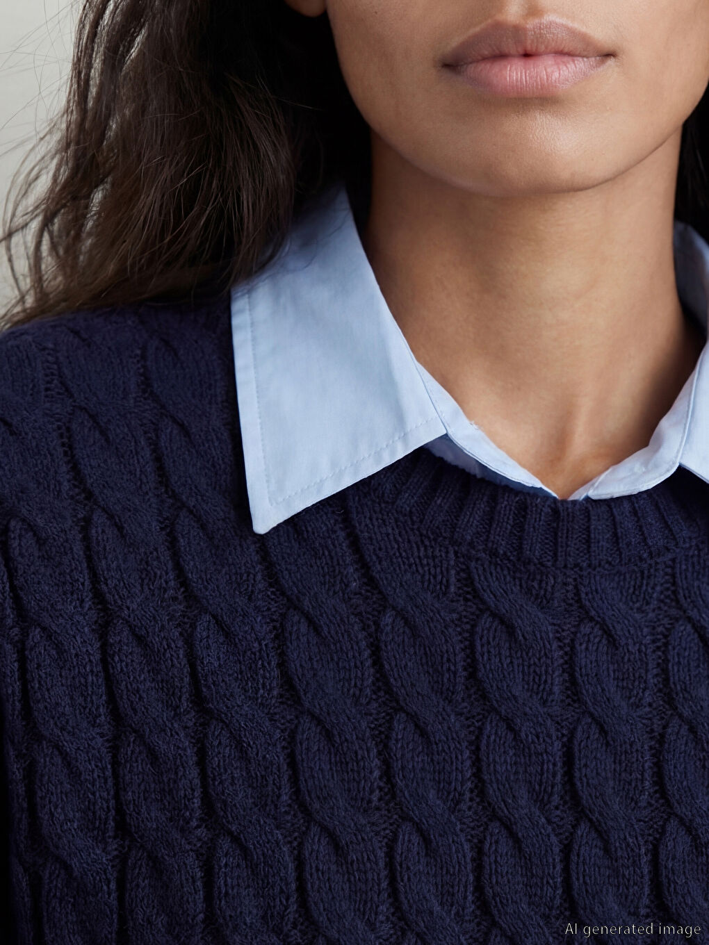 Lacivert Gömlek Yaka Saç Örgü Desenli Kadın Triko Kazak-2