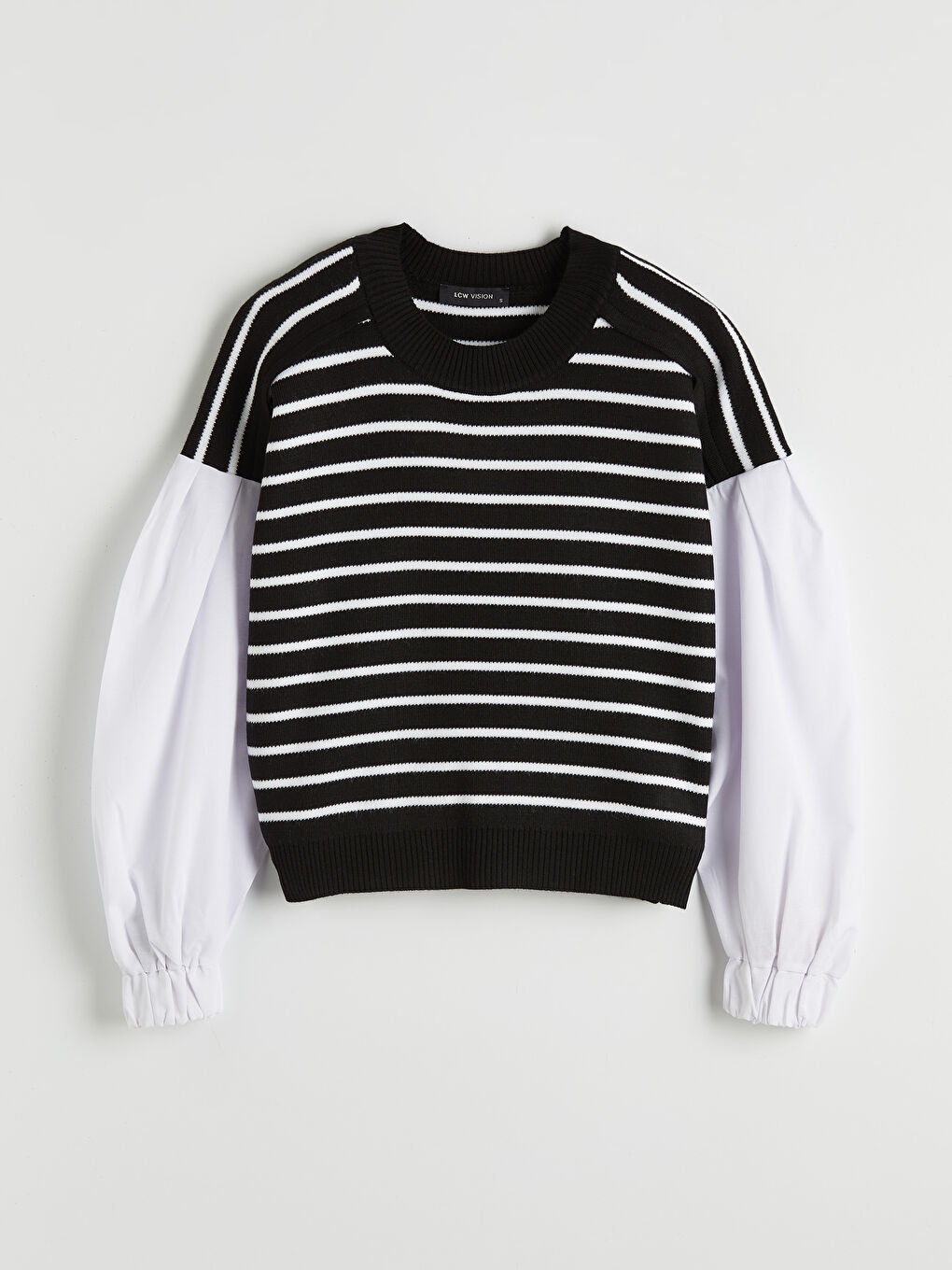 Siyah Bisiklet Yaka Çizgili Kadın Triko Kazak