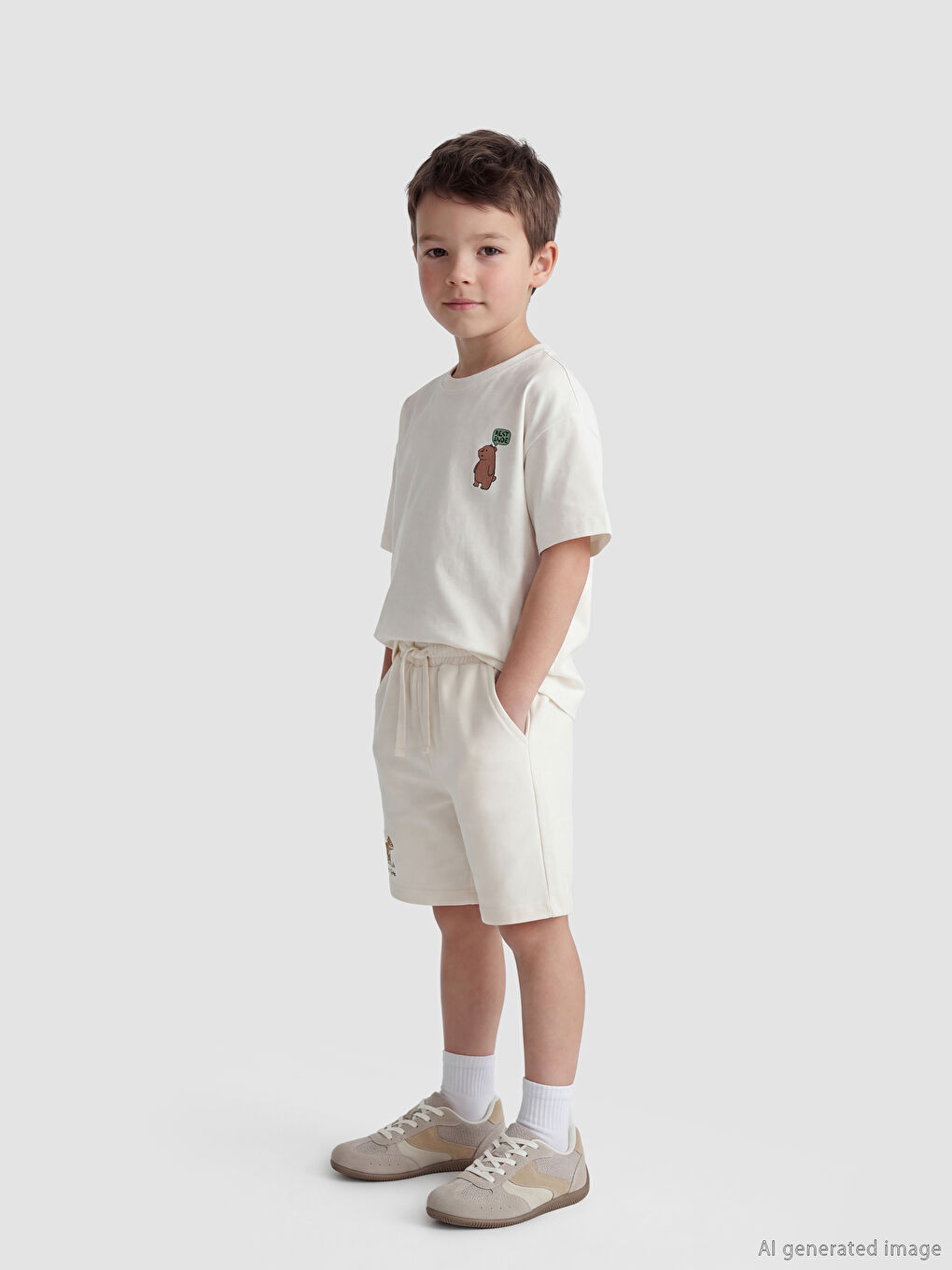 Bej Beli Lastikli Baskılı Erkek Çocuk Şort-1