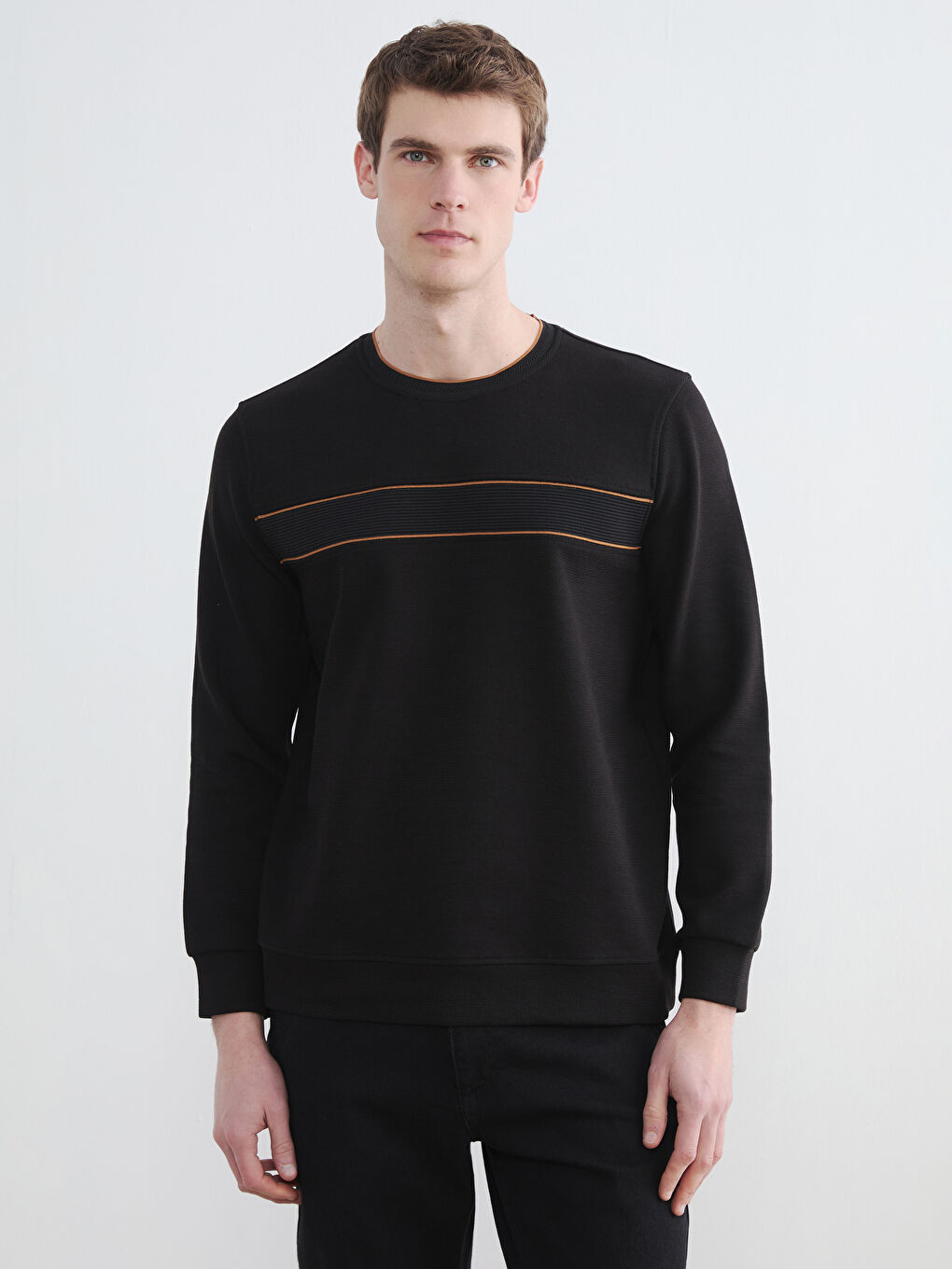 Siyah Bisiklet Yaka Şerit Detaylı Erkek Sweatshirt