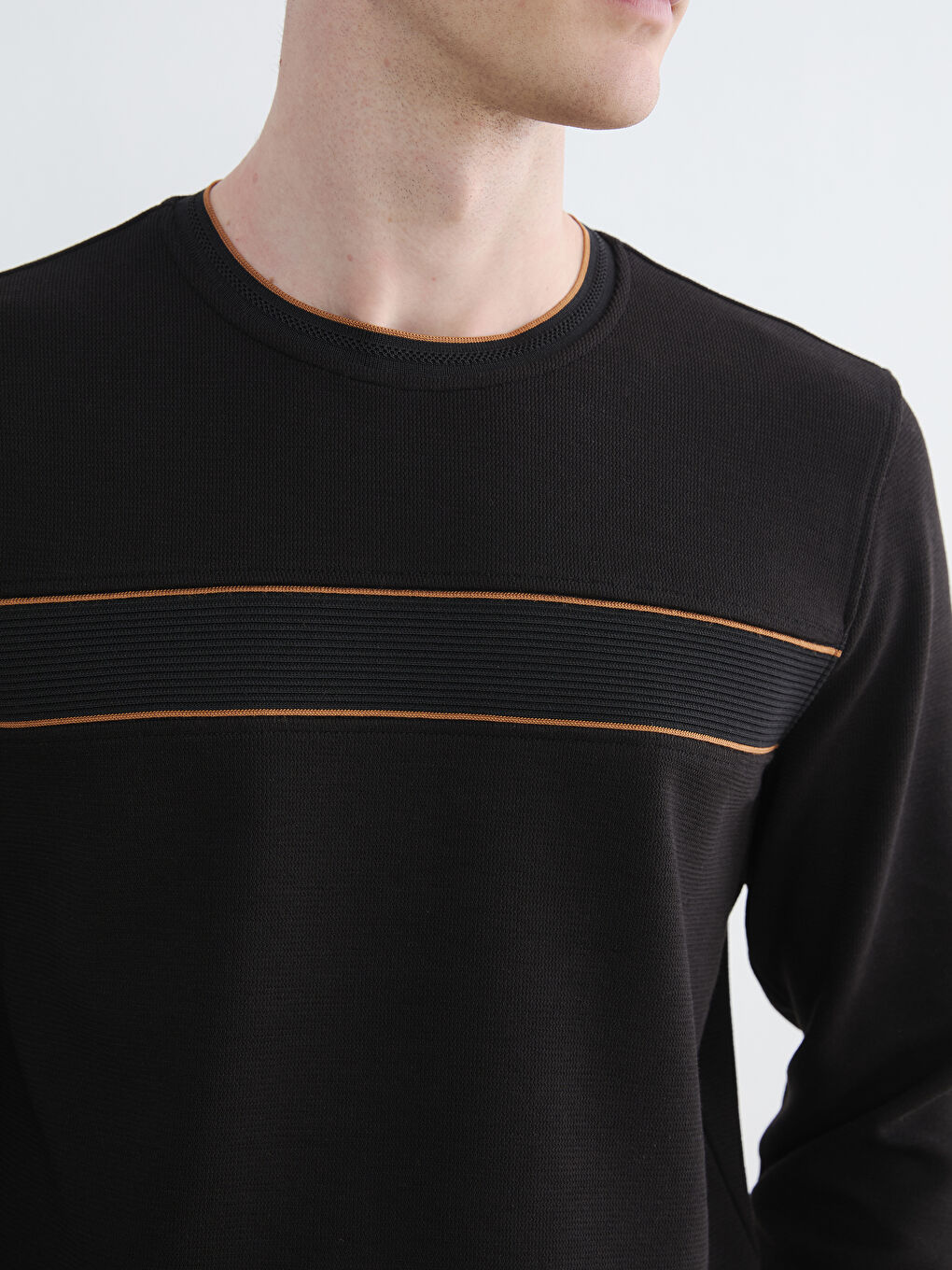 Siyah Bisiklet Yaka Şerit Detaylı Erkek Sweatshirt-2