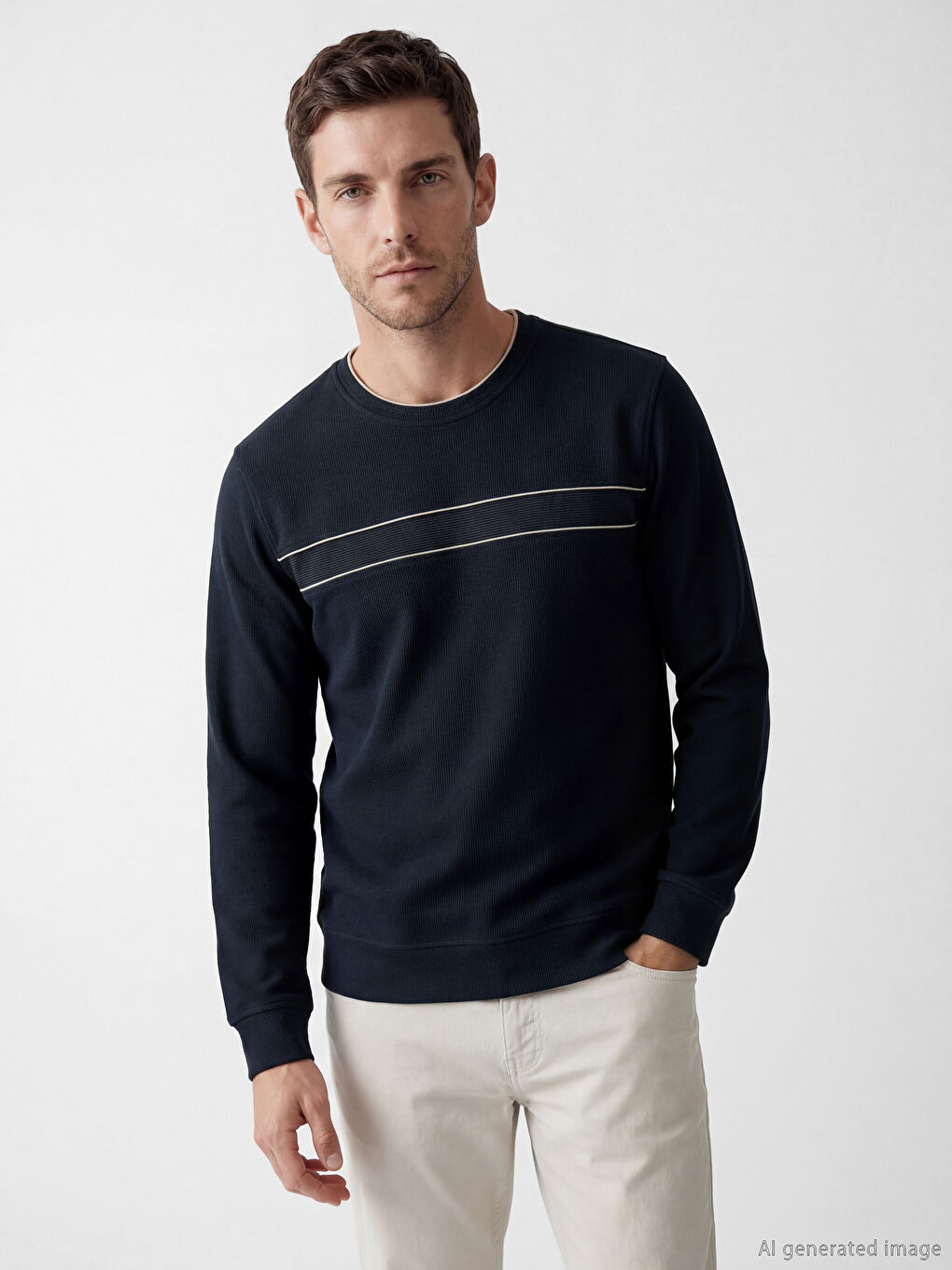 Lacivert Bisiklet Yaka Şerit Detaylı Erkek Sweatshirt