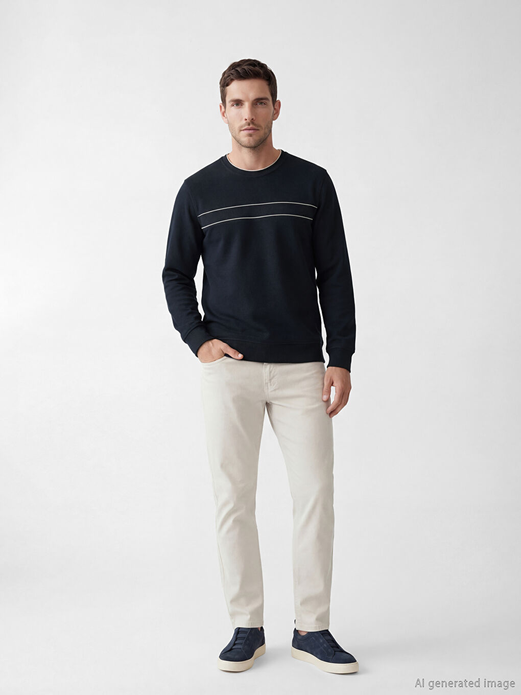 Lacivert Bisiklet Yaka Şerit Detaylı Erkek Sweatshirt-1