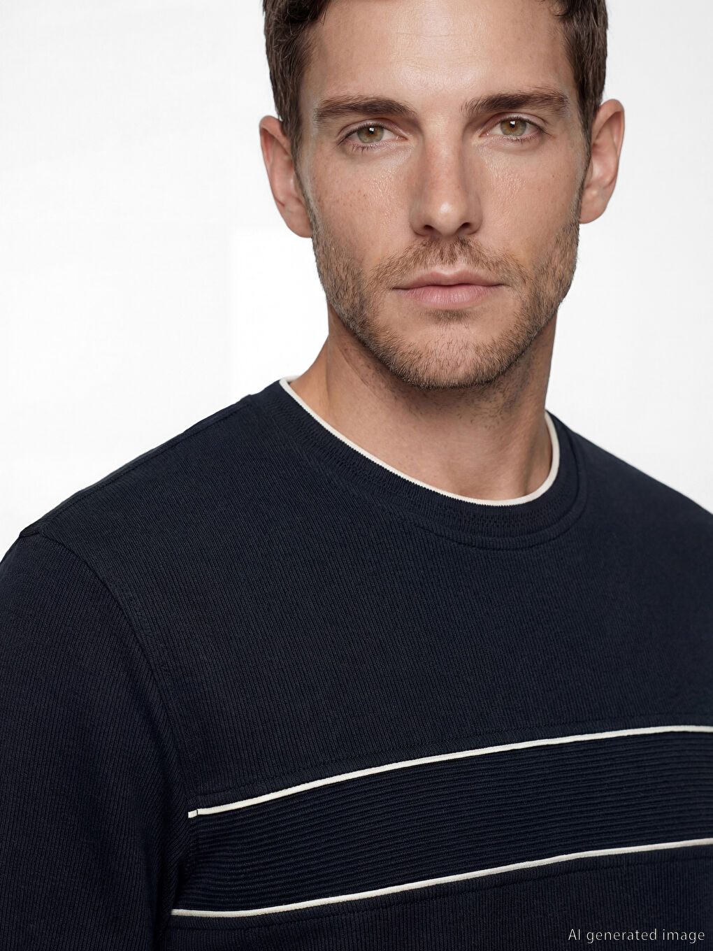 Lacivert Bisiklet Yaka Şerit Detaylı Erkek Sweatshirt-2