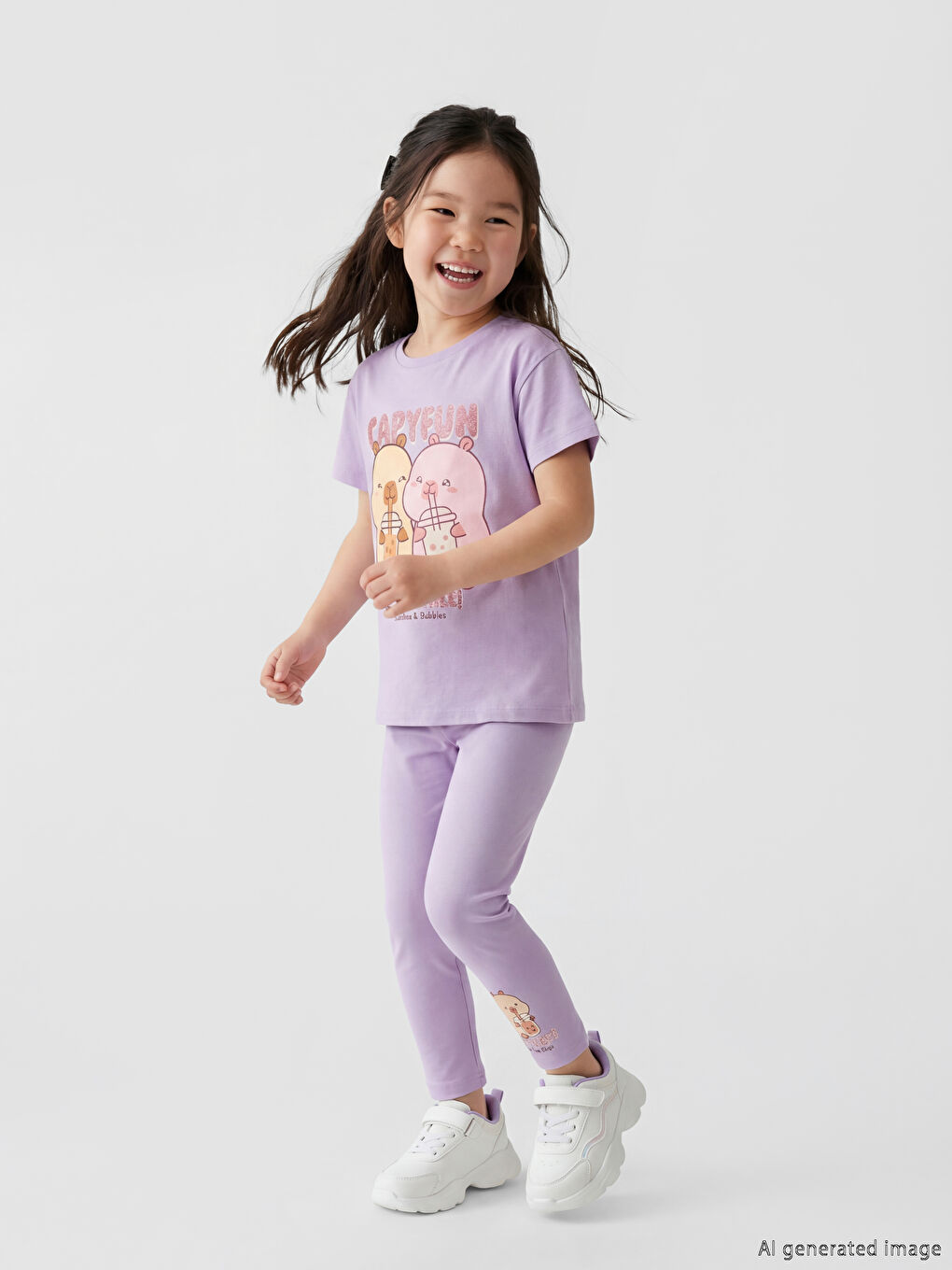 Lila Capyfun Baskılı Kız Çocuk Tişört ve Tayt