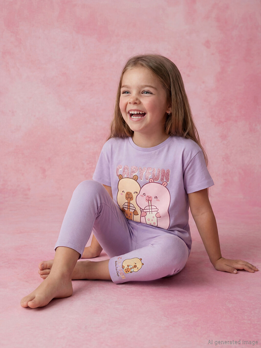 Lila Capyfun Baskılı Kız Çocuk Tişört ve Tayt-1