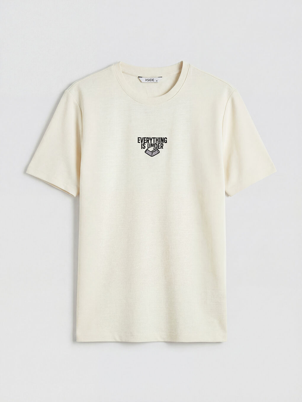 Bej Bisiklet Yaka Baskılı Erkek Tişört