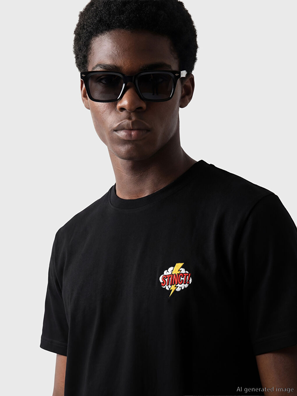 Siyah Bisiklet Yaka Nakışlı Erkek Tişört