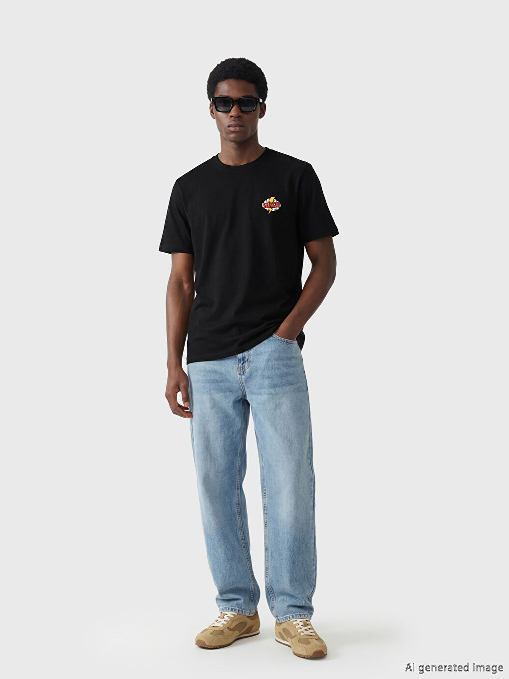 Siyah Bisiklet Yaka Nakışlı Erkek Tişört-1