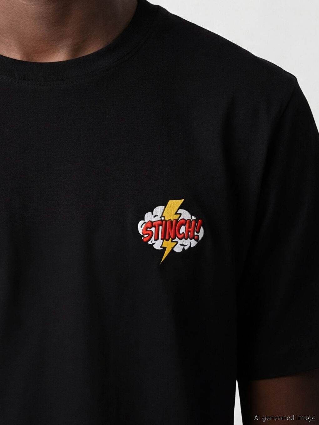 Siyah Bisiklet Yaka Nakışlı Erkek Tişört-2