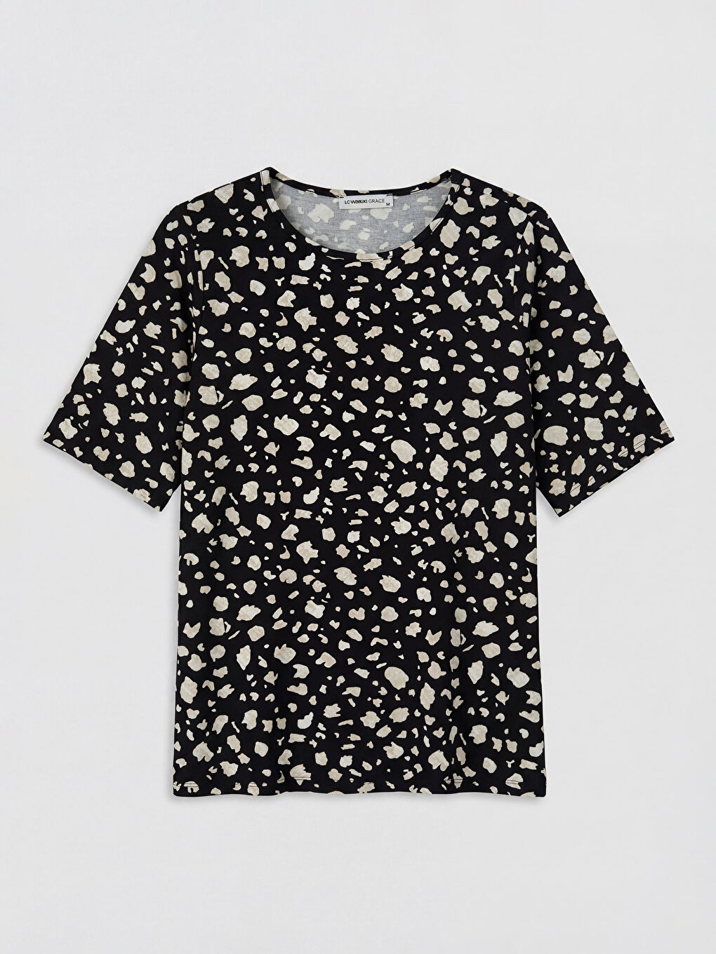 Siyah Bisiklet Yaka Desenli Kadın Tişört