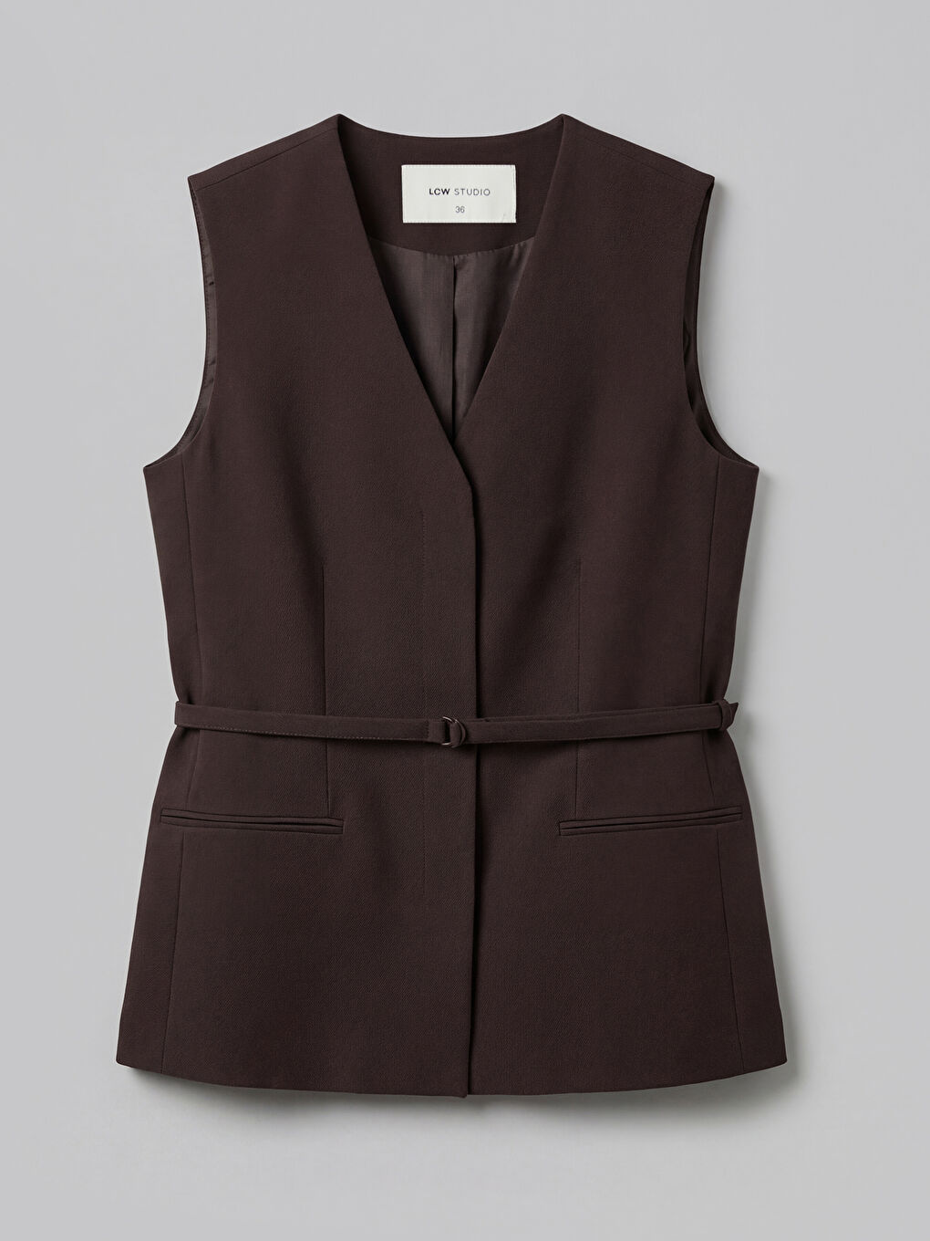 Kahverengi V Yaka Beli Kemerli Kadın Yelek-4