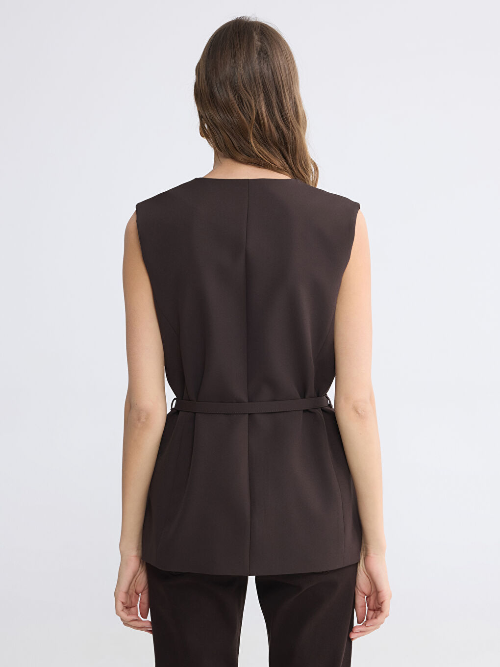 Kahverengi V Yaka Beli Kemerli Kadın Yelek-3