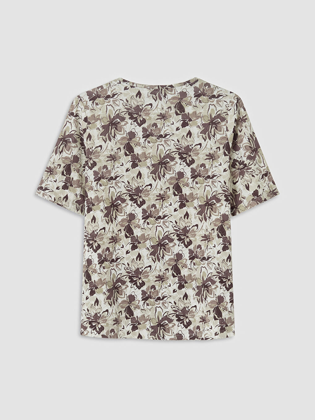 Bej Bisiklet Yaka Çiçekli Kadın Tişört-1