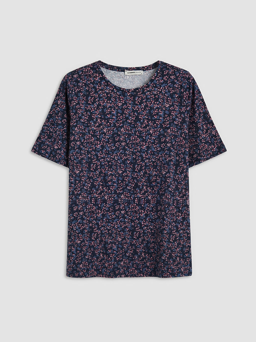 Lacivert Bisiklet Yaka Çiçekli Kadın Tişört