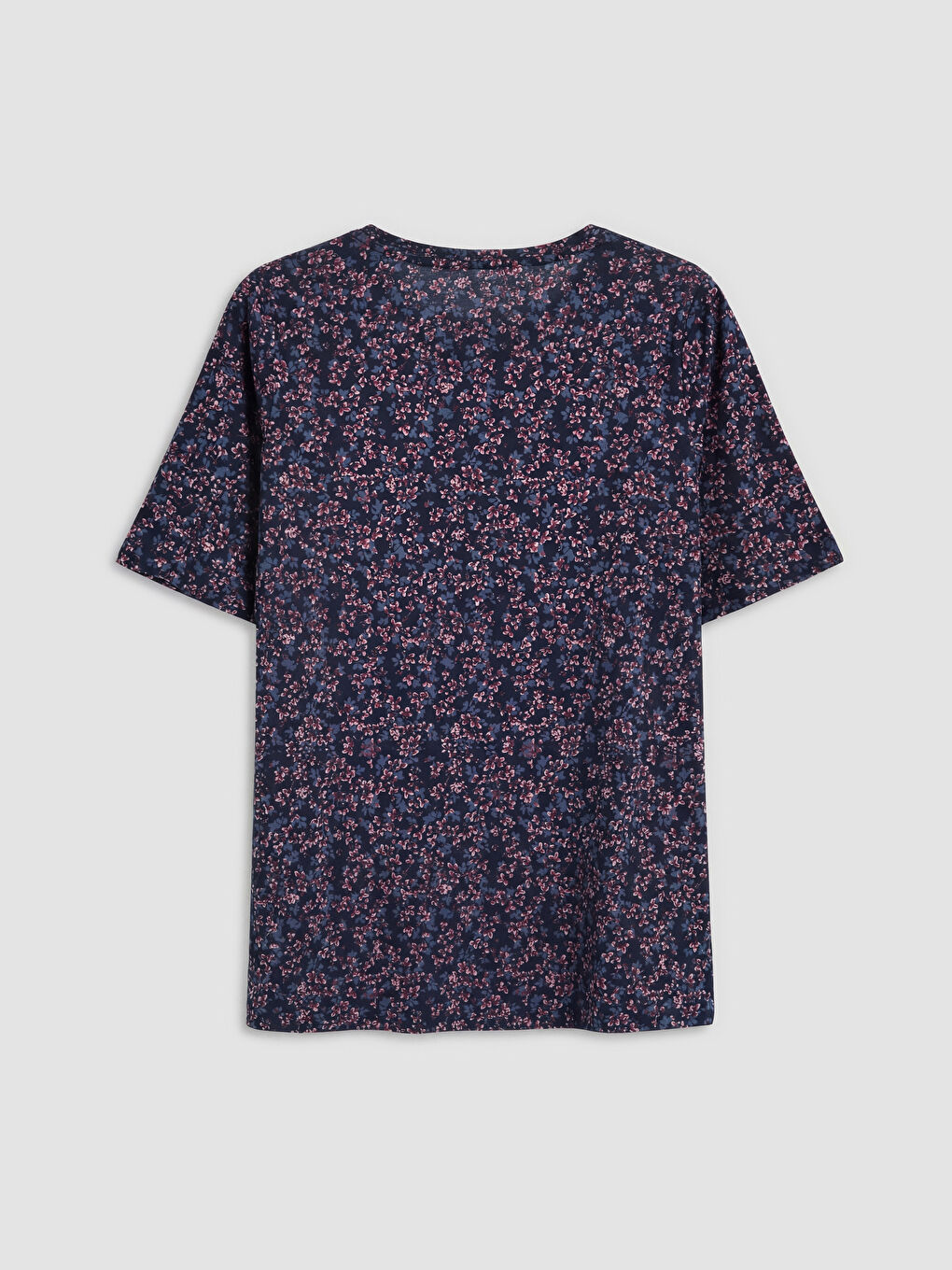 Lacivert Bisiklet Yaka Çiçekli Kadın Tişört-1