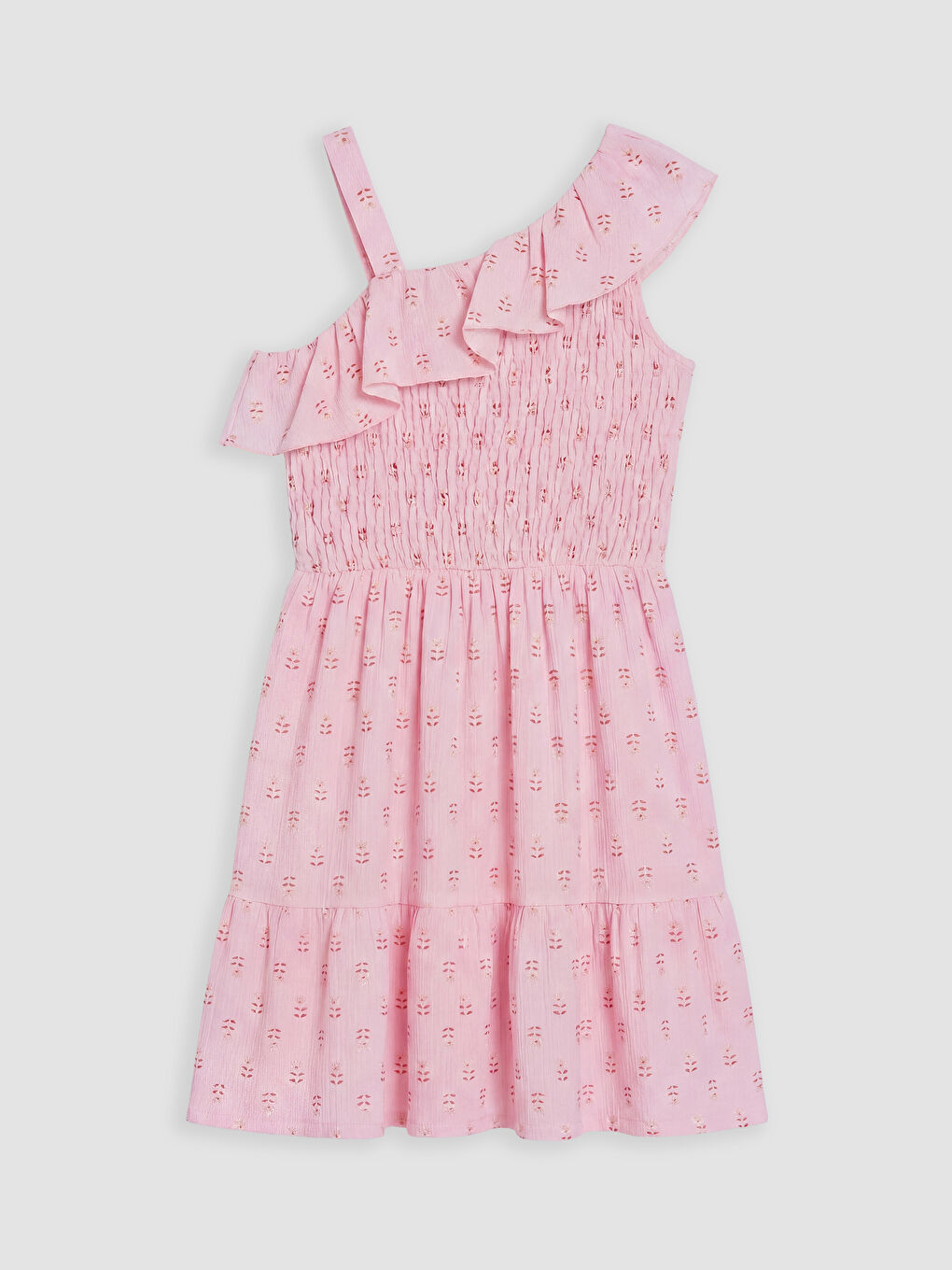 Pembe Tek Omuzlu Desenli Fırfırlı Kız Çocuk Elbise