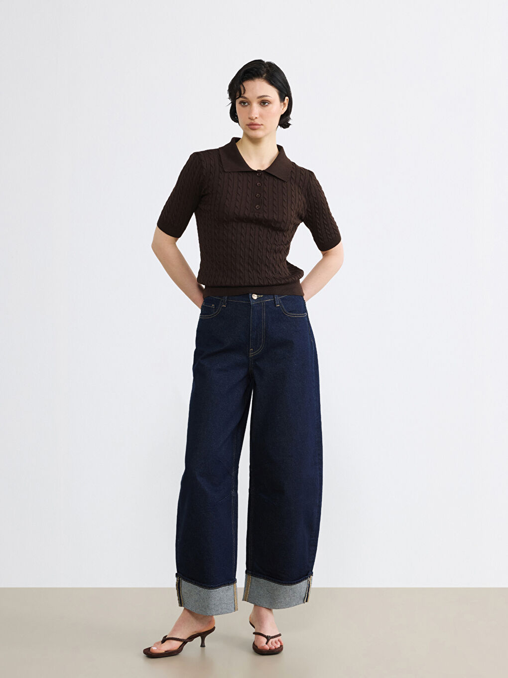 Kahverengi Polo Yaka Kendinden Desenli Kadın Triko Kazak-2