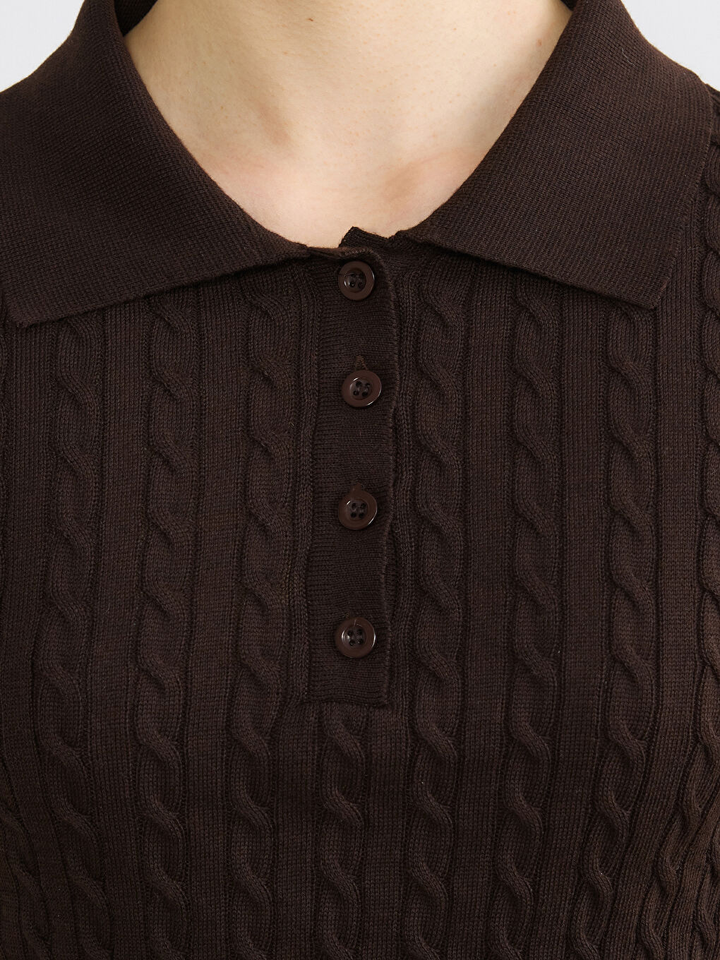 Kahverengi Polo Yaka Kendinden Desenli Kadın Triko Kazak-3