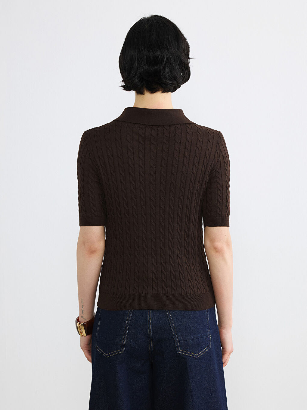 Kahverengi Polo Yaka Kendinden Desenli Kadın Triko Kazak-4