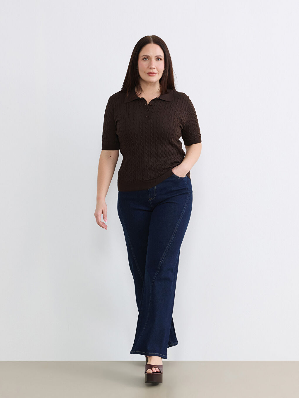 Kahverengi Polo Yaka Kendinden Desenli Kadın Triko Kazak-5